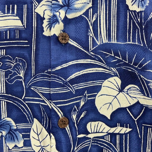Tommy Bahama 100% Silk Hawaiian Shirt Men's Large Geometric Floral Blue - Picture 2 of 7